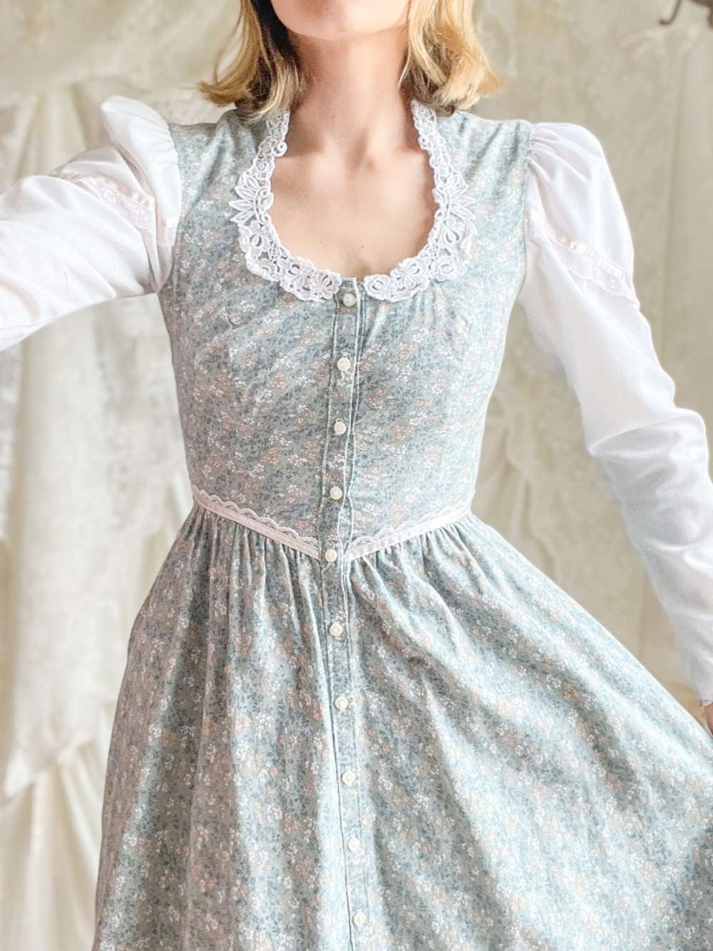 Vintage Gunne Sax Jessica McClintock Sage Floral Prairie Midi Dress